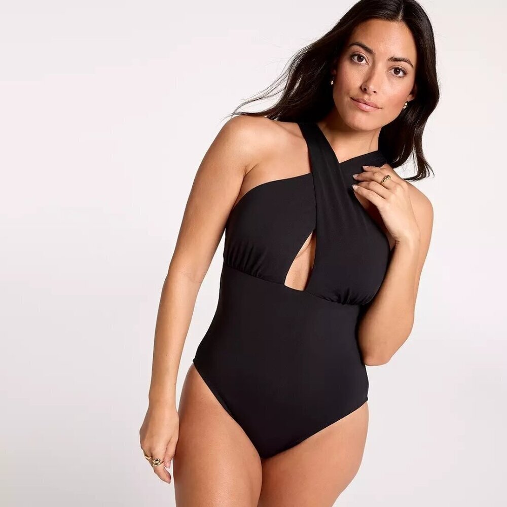 NWT CALIA Women's Cutout Halter One Piece Swimsuit Black 12